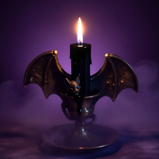 A black candle burning in a bronze bat candleholder, the Nightwick Studio logo